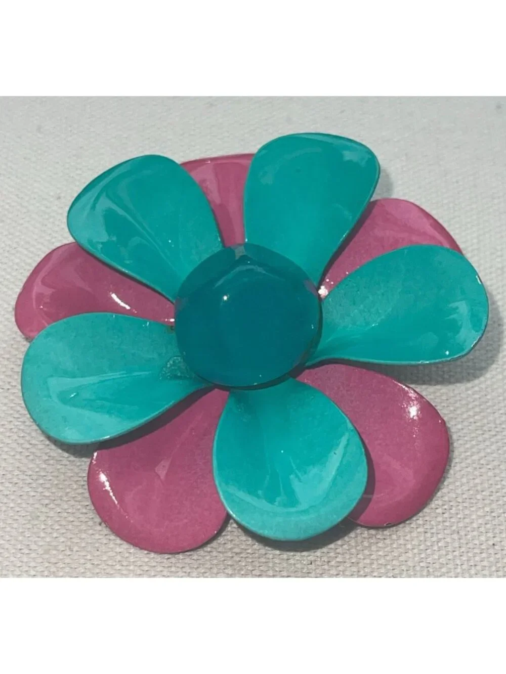 Vtg Flower Power Enamel Brooch Teal & Hot Pink Layered Petals Retro Mod MCM Desi